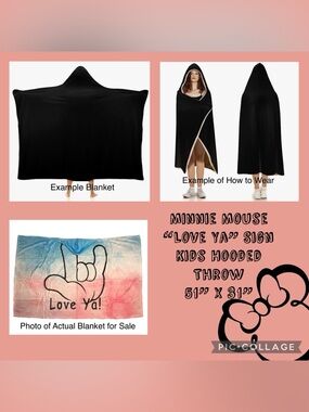 Minnie Mouse Hand ASL I Love You Sign Kids Hooded Fleece Throw Blanket 51”x31”